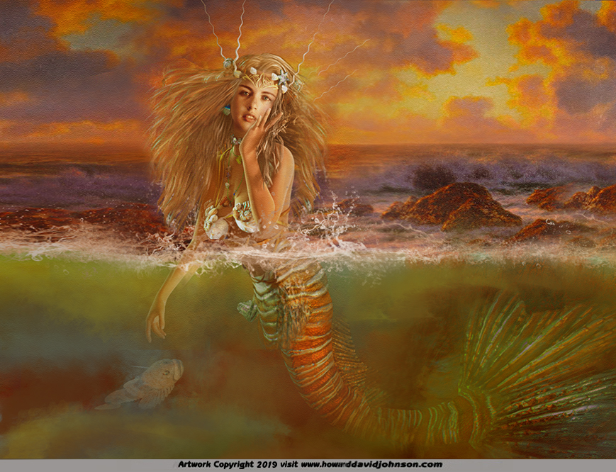 painting of a mewrmaid  breaking the surface artwork